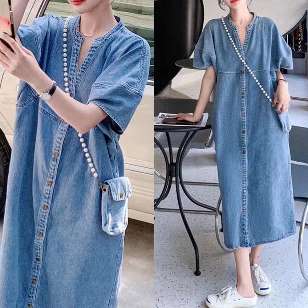 여성 레트로 데님 롱원피스 루즈핏 V넥 반팔 캐주얼 꾸안꾸룩 - 상세 이미지 2