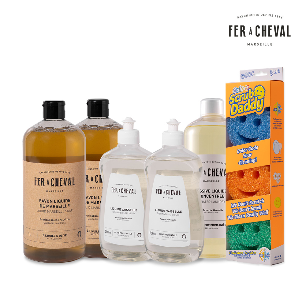 페라슈발 마르세유 올리브 리퀴드솝 1Lx2개+주방세제 500ml x2개+스크럽대디 주방수세미 3입+세탁세제 950ml 세트 - 상품 이미지