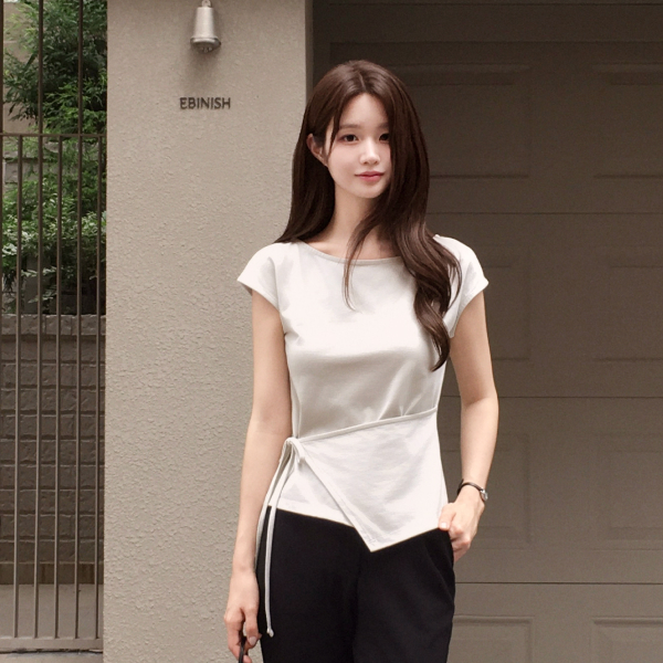 Made in Korea Boat Neck Wrap Cap Sleeve T-shirt ts5090