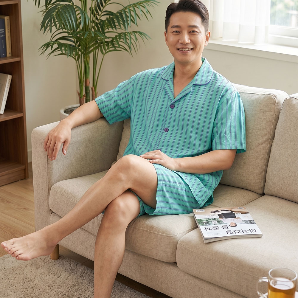 남자 여름 빅사이즈 인견 잠옷 세트 남성 반팔 반바지 냉감 시원한 파자마 홈웨어 - 상품 이미지