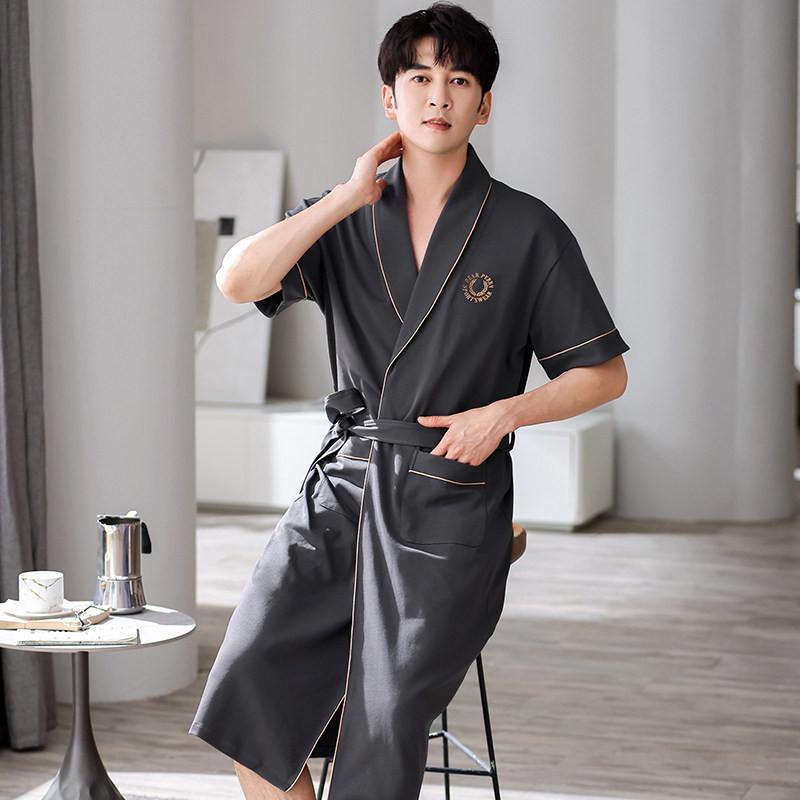미디엄가운 반팔 하프잠옷 오버사이즈 남성 여름가운 로브 목욕가운 홈웨어 파자마 4XL - 상세 이미지 3