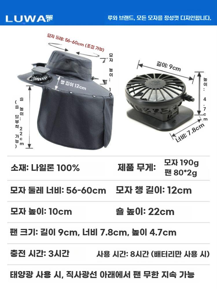 선풍기모자 쿨링팬 모자선풍기 야외작업 농사 공사 등산 다크 그레이 캡 주위(56-60 cm) 조정 가능 - 상세 이미지 4