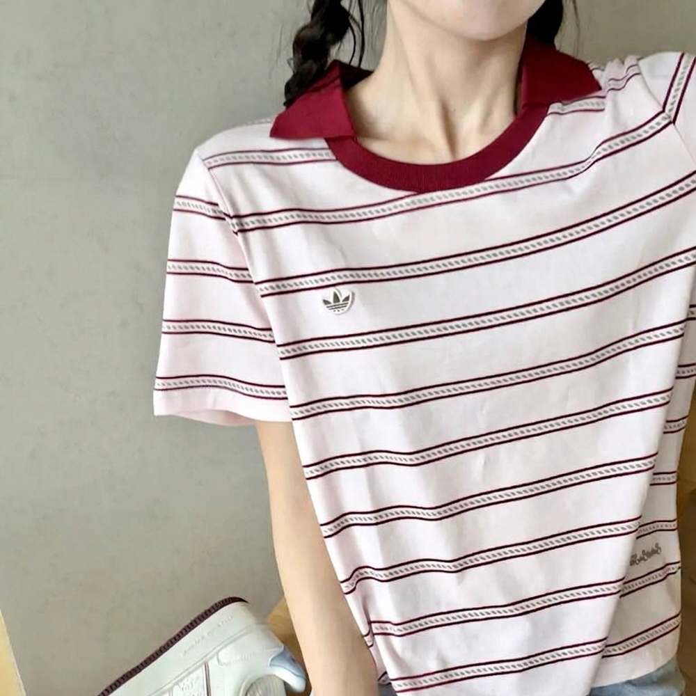 아디다스 우먼스 리조트 스트라이프 카라 반팔 티셔츠 핑크 버건디 KX0741 이미지 7