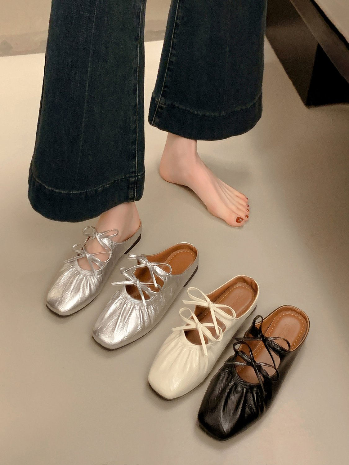 양가죽 메리제인 스퀘어토 셔링 리본스트랩 발레리나 플랫 뮬 슬리퍼 데일리슈즈 블랙 EU 35 - 상세 이미지 3