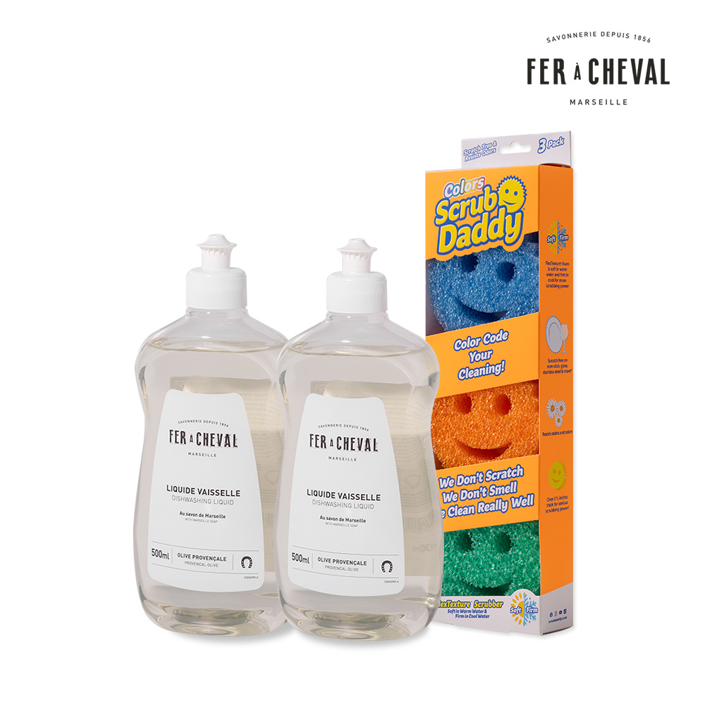 페라슈발 마르세유 올리브 주방세제 500ml x 2개 + 스크럽대디 주방 수세미 3입 세트 - 상품 이미지