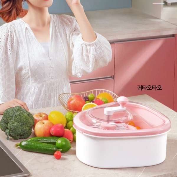 회전식 과일세척기 야채세척기 수동 스피너 브러시 채소 과일 세척 탈수기 핑크 - 상세 이미지 3