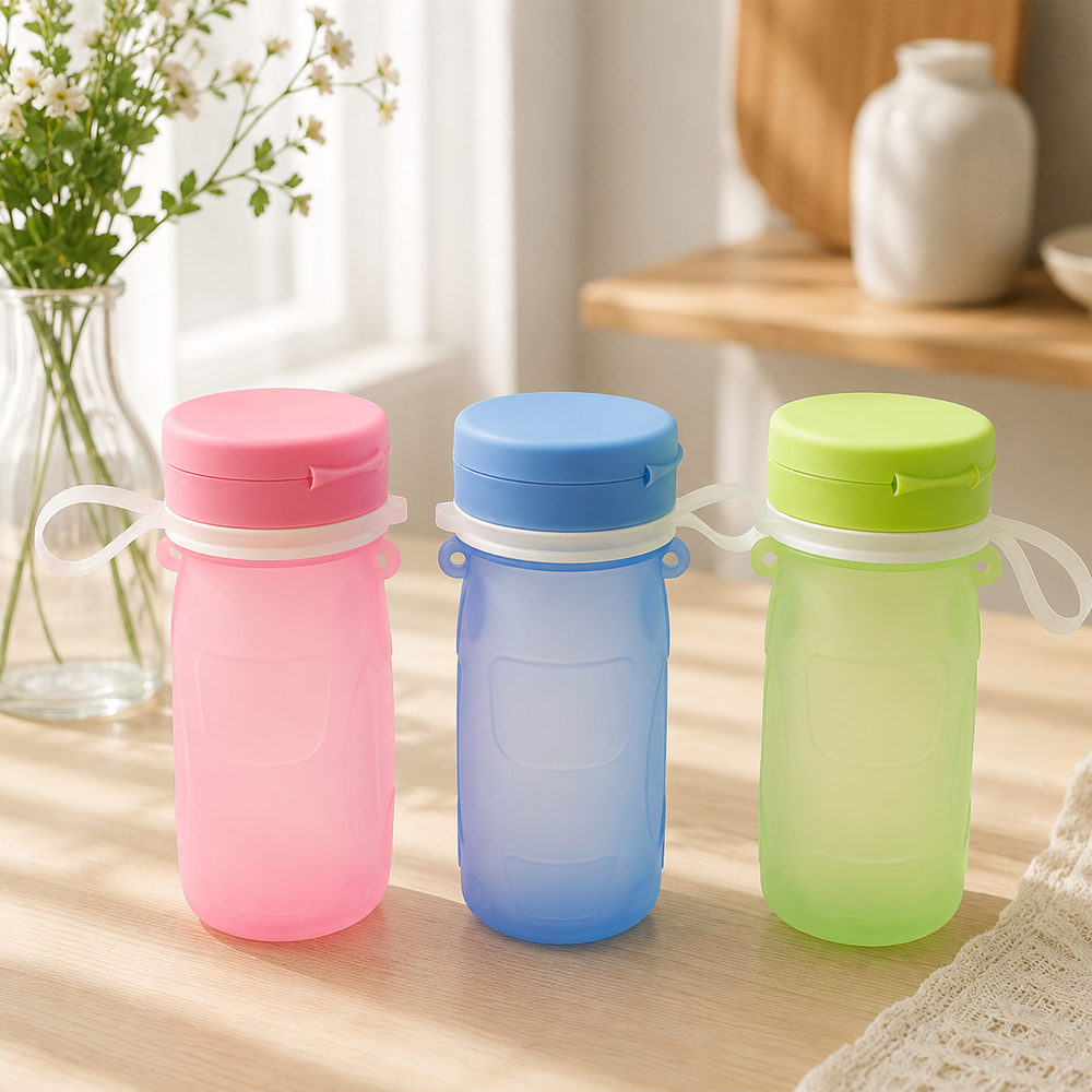 아가프라 실리콘빨대컵+어깨끈+슬러시탑 300ml 접이식 물통 물주머니 ,견학물병,어린이집 - 상세 이미지 2
