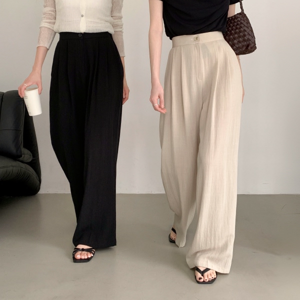 Made in Korea Linen-like Two-pin Tuck Banding Wide Slacks ps5941