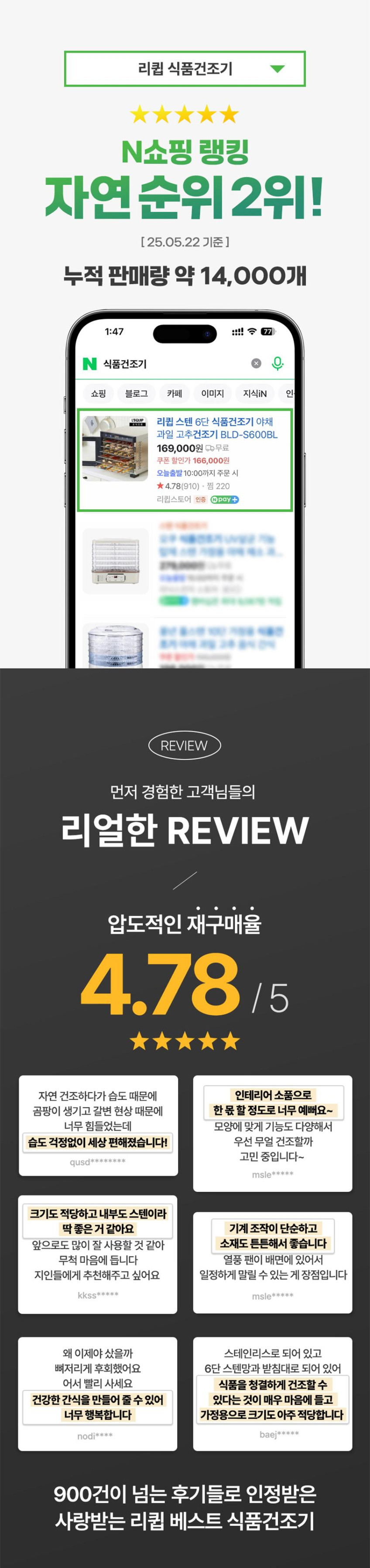 리큅 스텐 6단 식품건조기 야채 과일 고추건조기 가정용 고추말리는기계 6.8kg, 블루 (BLD-S600BL) 판매처 상세 정보 이미지 2