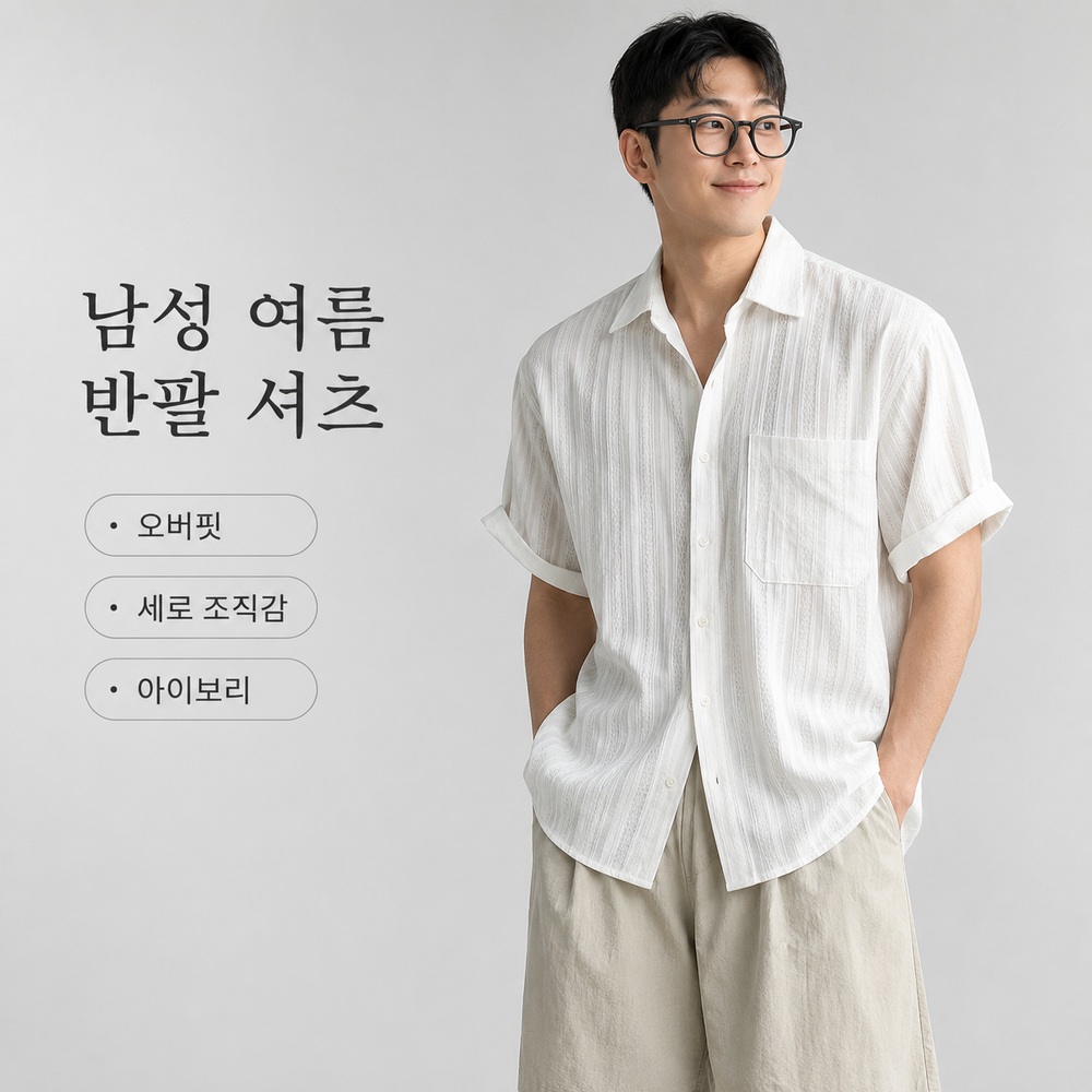 남성 여름 세로조직 반팔 셔츠 오버핏 카라 남방 - 상품 이미지