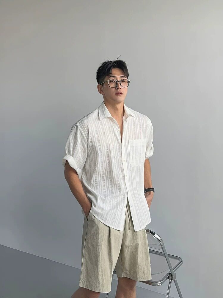 남성 여름 세로조직 반팔 셔츠 오버핏 카라 남방 - 상세 이미지 4