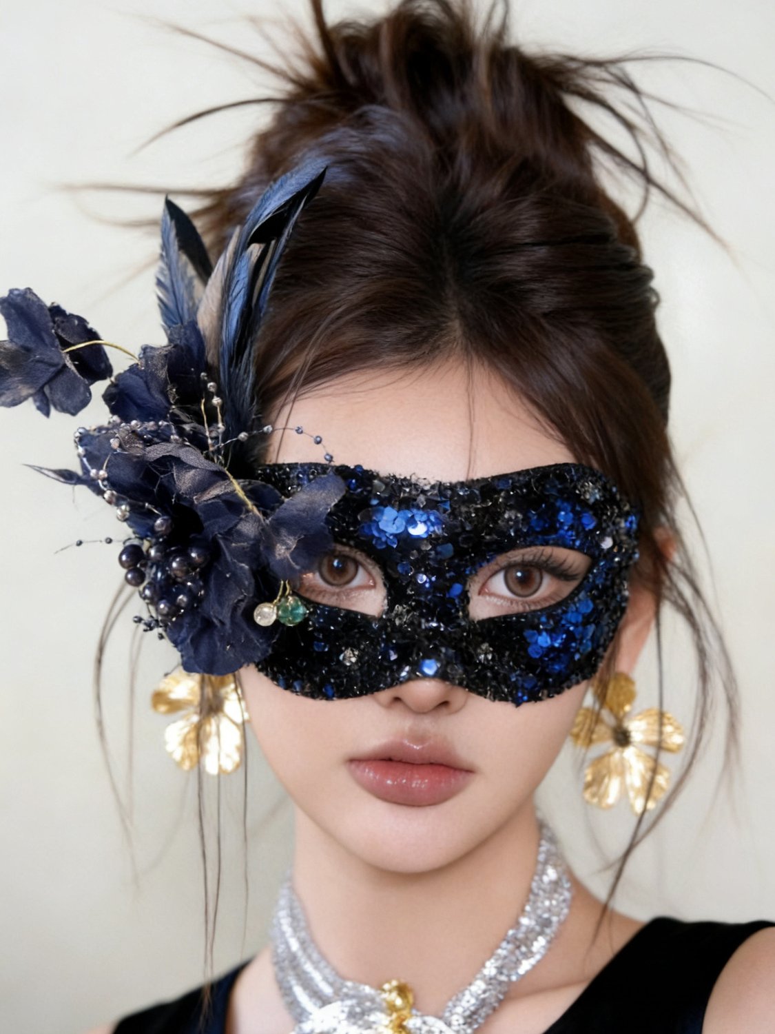 무도회가면 여성 레트로 비즈 자수 깃털 마스크 파티 가면 무도회 하프페이스 라이트블루 비즈 자수 꽃 마스크 - 상세 이미지 2