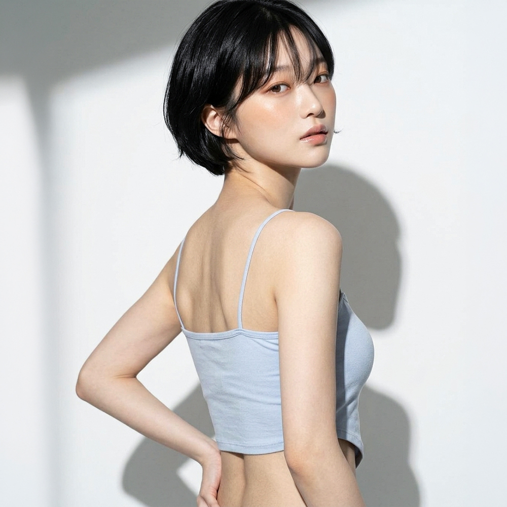 노브라 여름 브라탑 크롭탑 골지 얇은끈 언발란스 일체형 1cm 5cm 볼륨패드 캡나시 - 상세 이미지 2