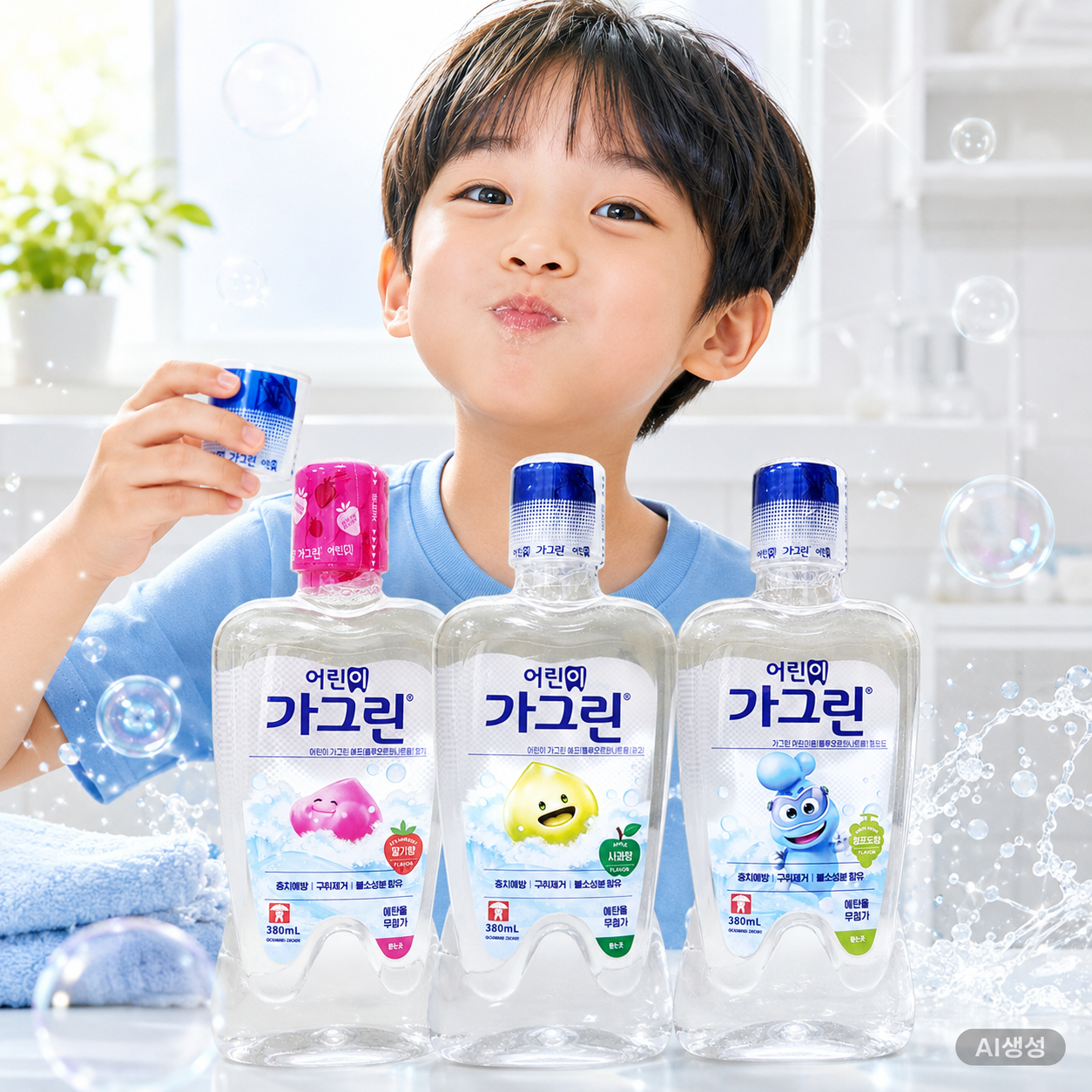 (3개) 어린이 가그린 380ml 딸기 사과 청포도 가글액 가글 불소 과일향 - 상품 이미지