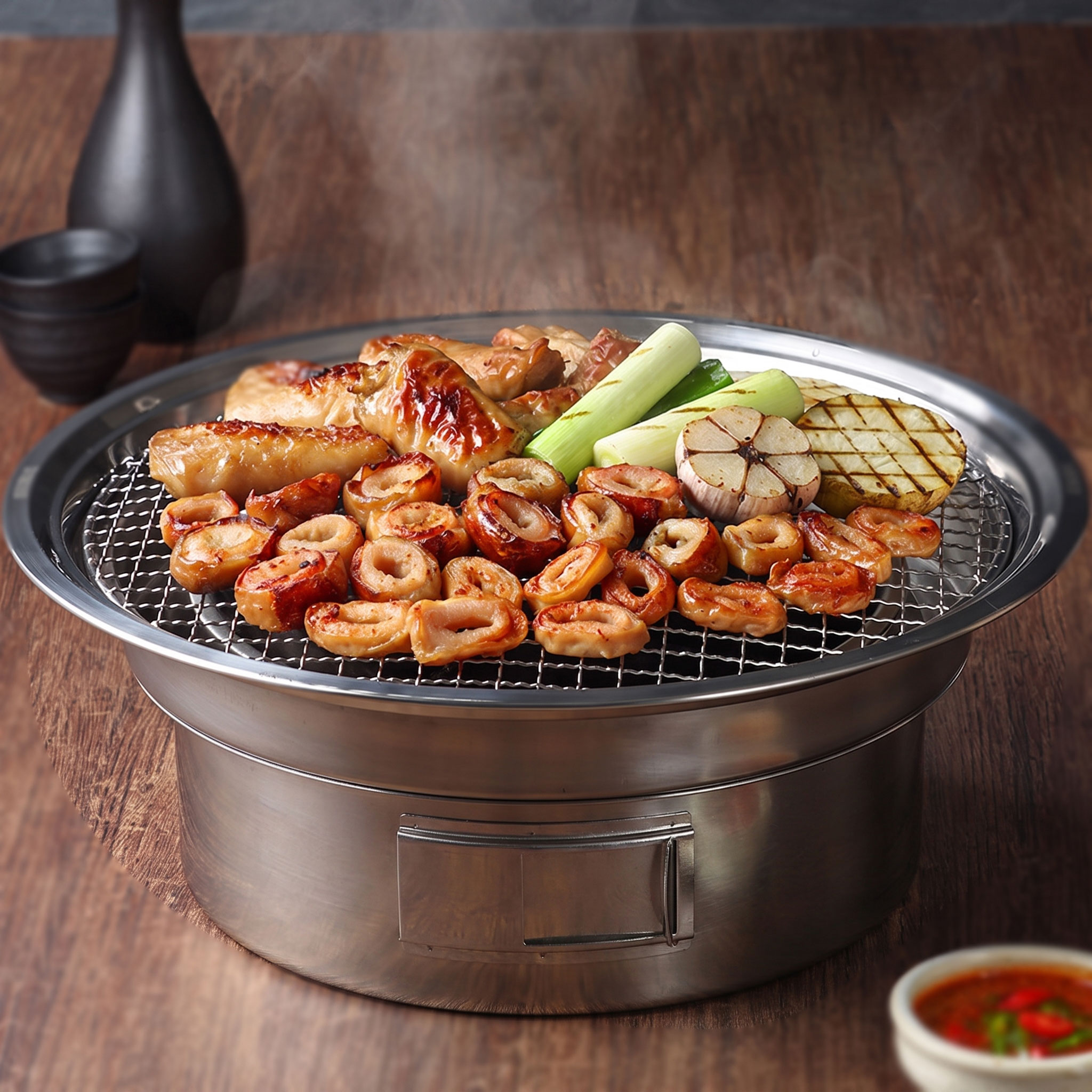 꾸버스 스텐 로스터 바베큐그릴 340 원형 숯불 화로 캠핑 휴대용 업소용 식당 막창 BBQ - 상품 이미지