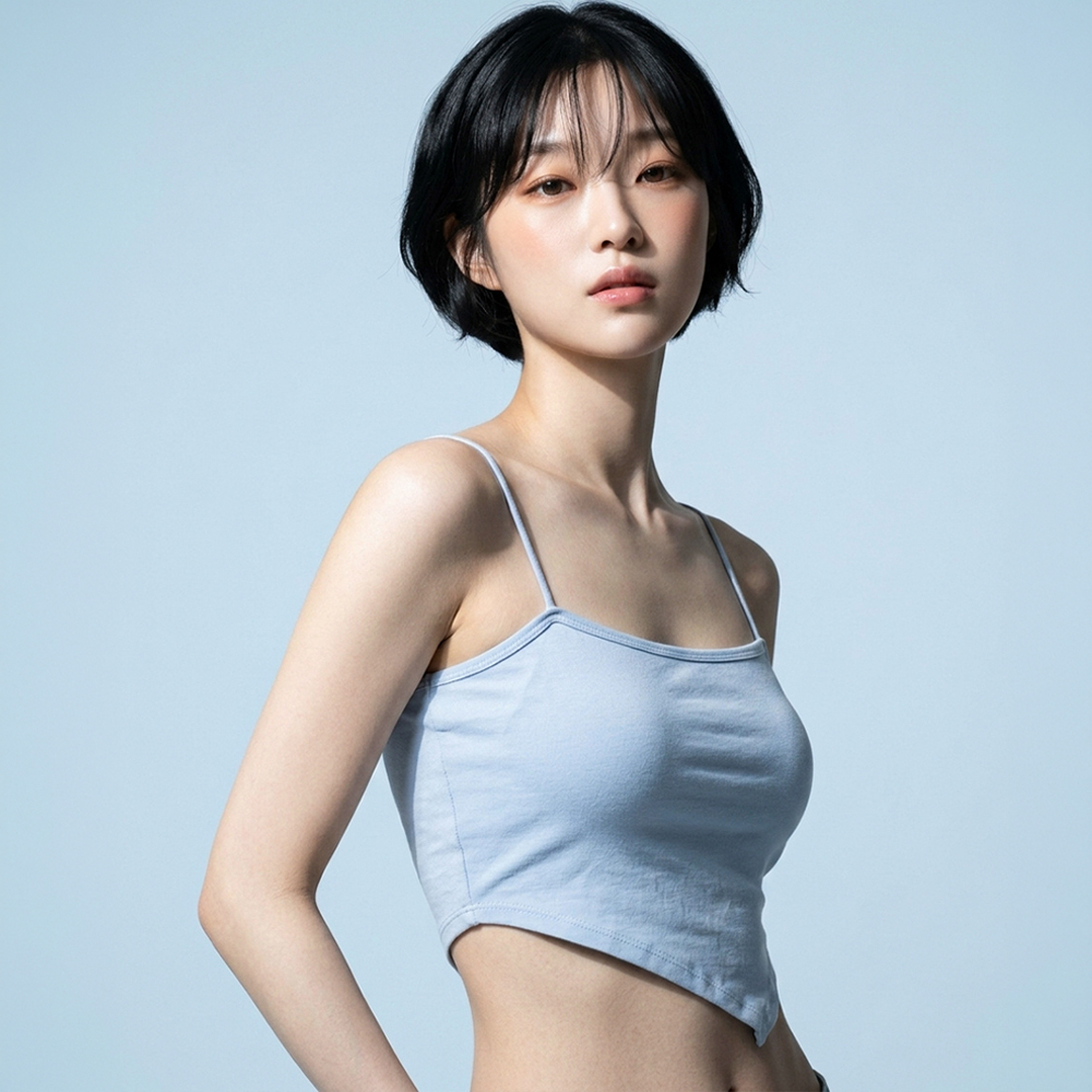 노브라 여름 브라탑 크롭탑 골지 얇은끈 언발란스 일체형 1cm 5cm 볼륨패드 캡나시 - 상품 이미지