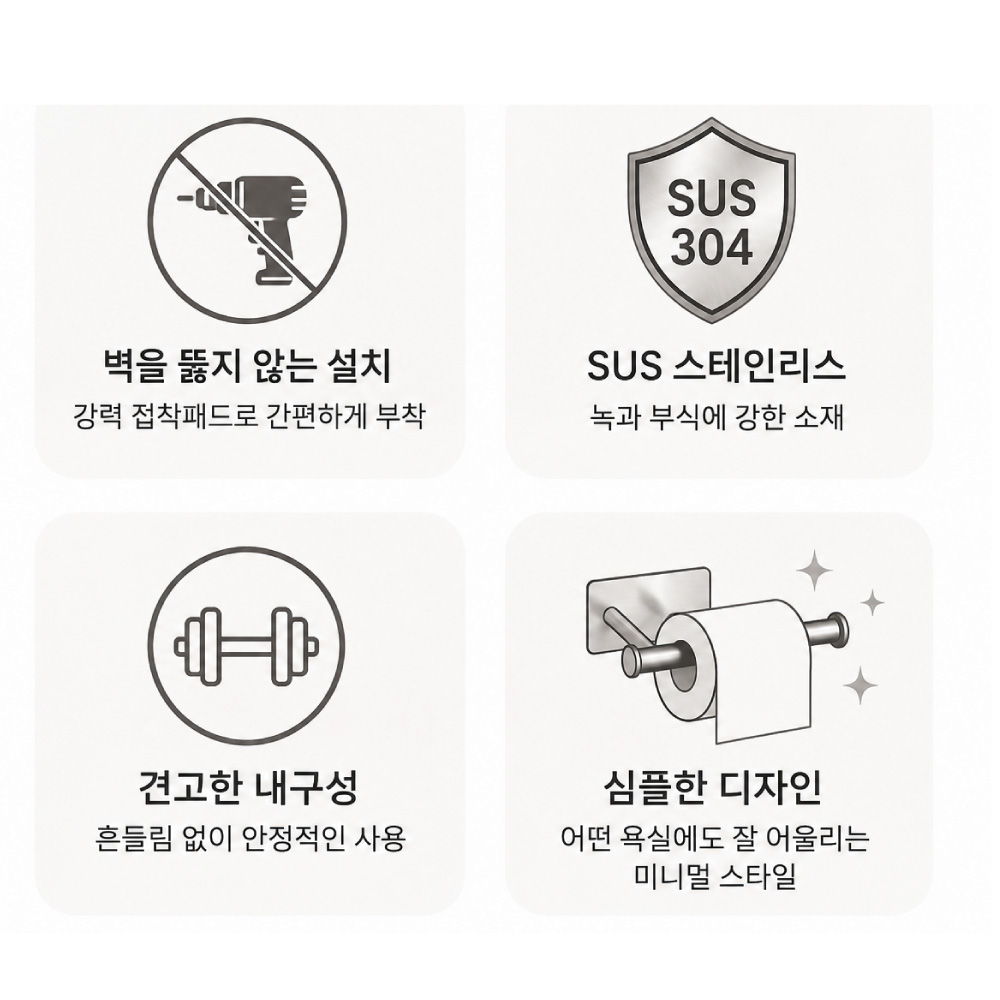 인하우즈 스테인리스 무타공 휴지걸이 욕실 접착식 화장지 홀더 이미지 8