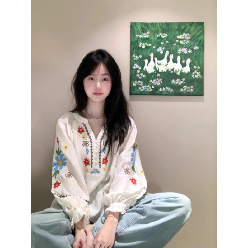 에스닉 블라우스 화이트 여성 루즈핏 퍼프 소매 긴팔 셔츠 여자 포크 보태니컬 자수 탑 - 상세 이미지 2