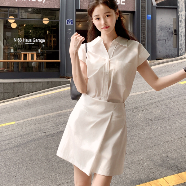 Back Ribbon Short Sleeve Shirt Cotton Dress OP16421