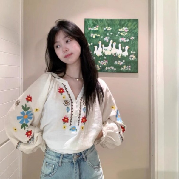 에스닉 블라우스 화이트 여성 루즈핏 퍼프 소매 긴팔 셔츠 여자 포크 보태니컬 자수 탑 - 상품 이미지