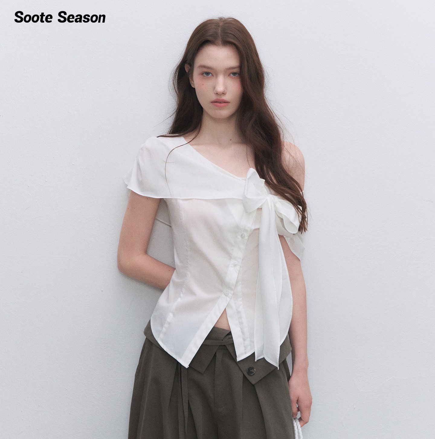 Soote Season 여성 여름 블라우스 오프숄더 반팔 리본 타이 슬림 셔츠 탑 - 상품 이미지