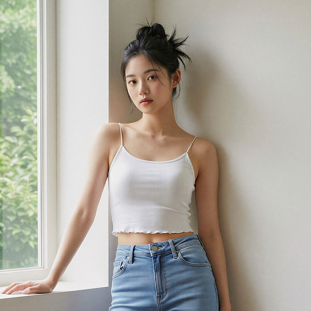 힙핑크 올데이 소프트 모달 웨이브 크롭 브라탑 끈나시 (일체형 볼륨패드) - 상품 이미지