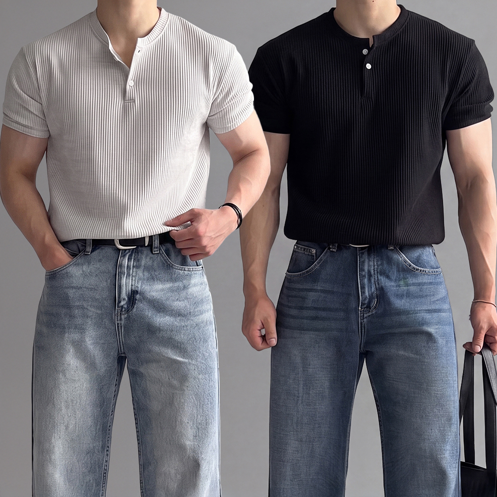1+1 헨리넥반팔 머슬핏반팔 머슬핏헨리넥 와플티셔츠 상품 이미지
