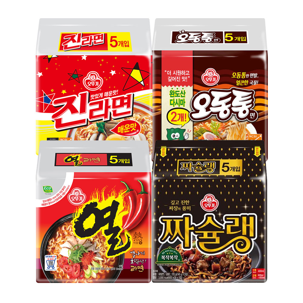 오뚜기 진라면 매운맛 120g 5개+짜슐랭 145g 5개+오동통면 120g 5개+열라면 120g 5개 상품 이미지