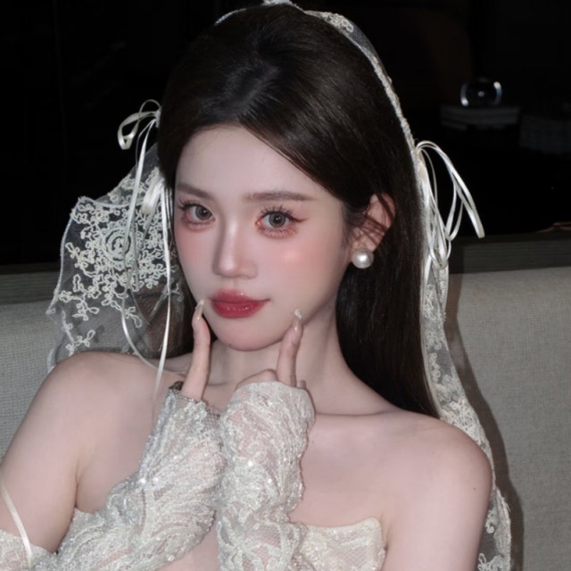 레이스베일 블루 플라워 머리띠 레이스 브라이덜샤워 후드베일 롱리본 셀프웨딩 - 상세 이미지 2