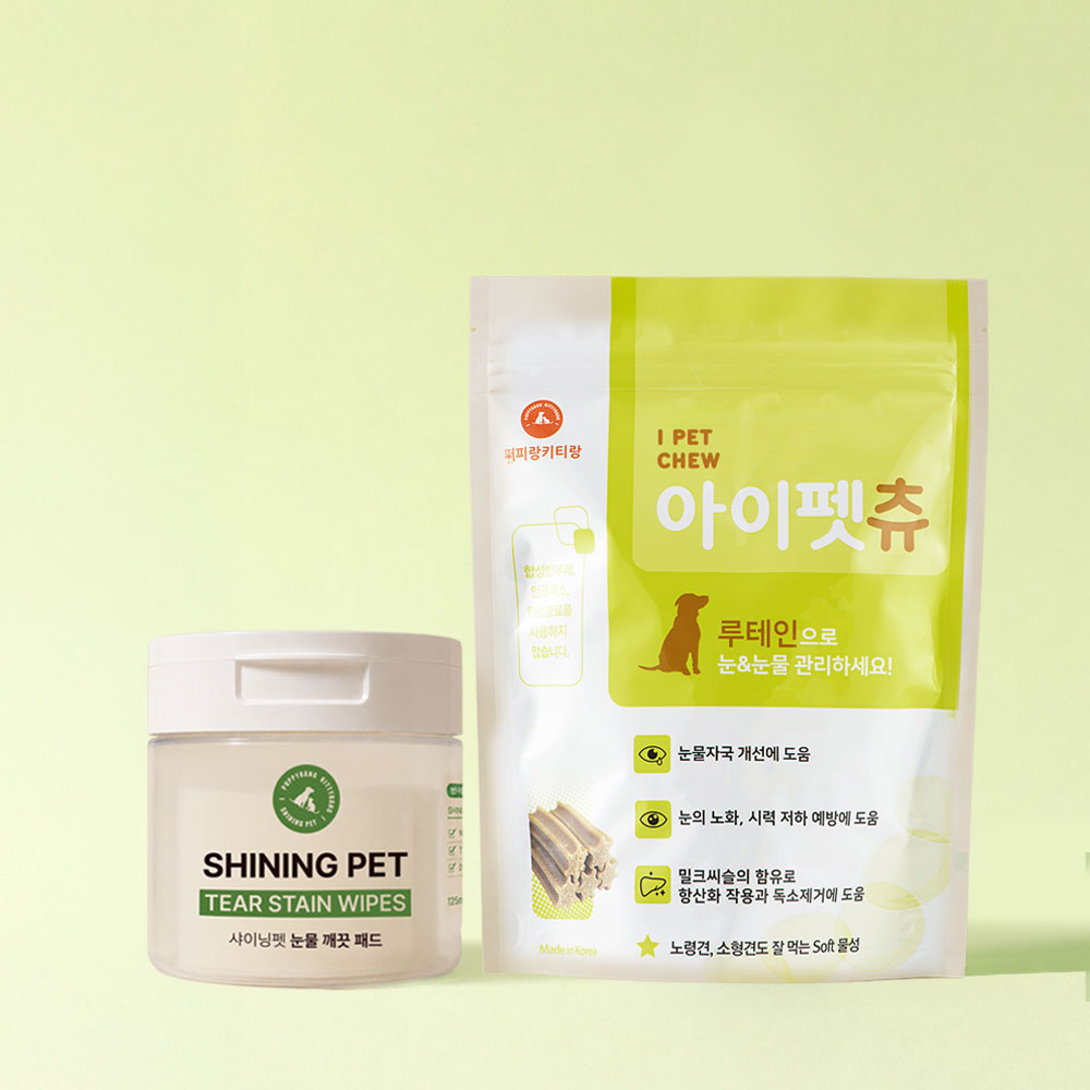 [눈물관리세트] 샤이닝펫 눈물 깨끗 패드 60매+아이펫츄 영양제 36개입 - 상품 이미지