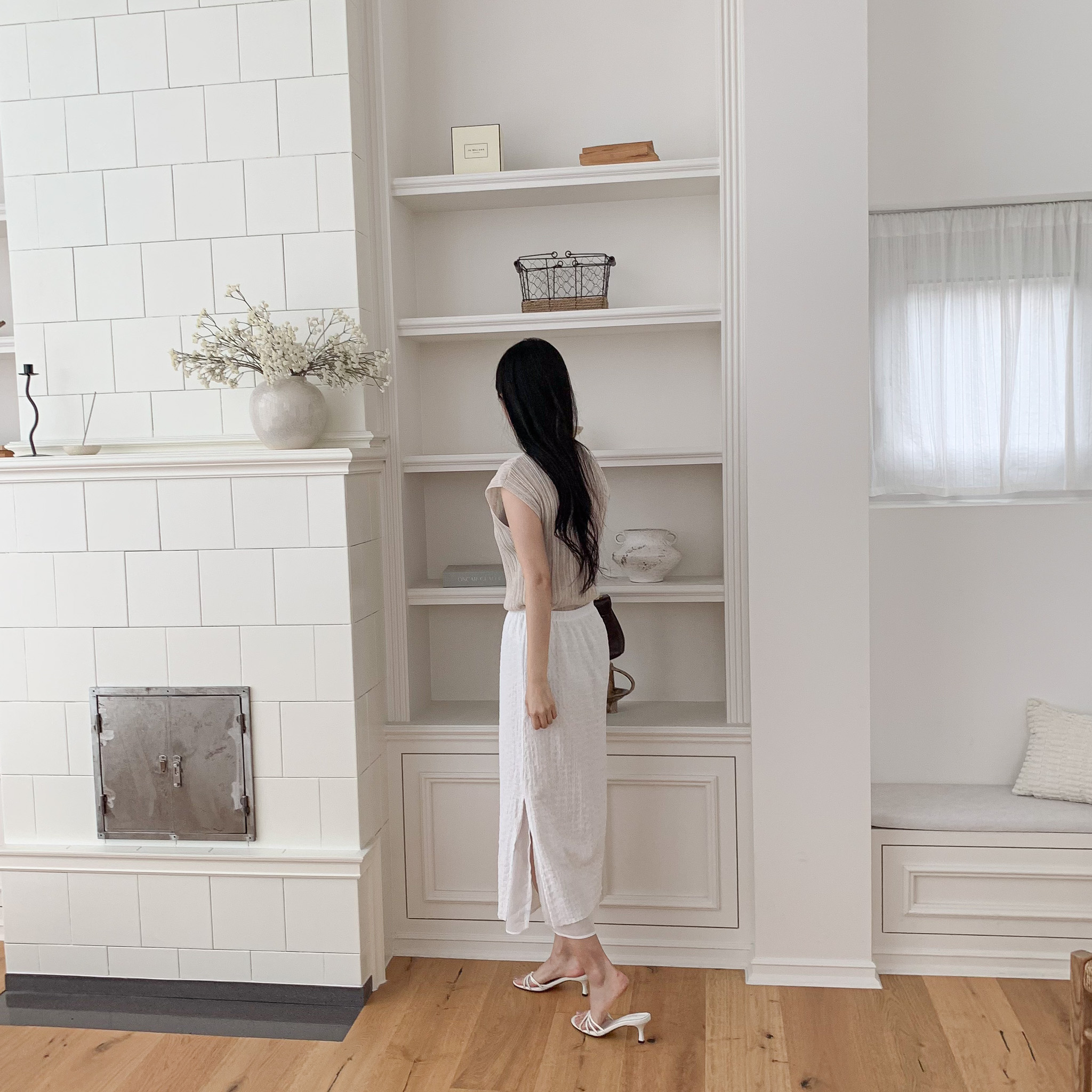 여성 여름 쉬폰 링클프리 레이어드 스커트 h라인 하객룩 데일리룩 플리츠 화이트 롱스커트 이미지 8