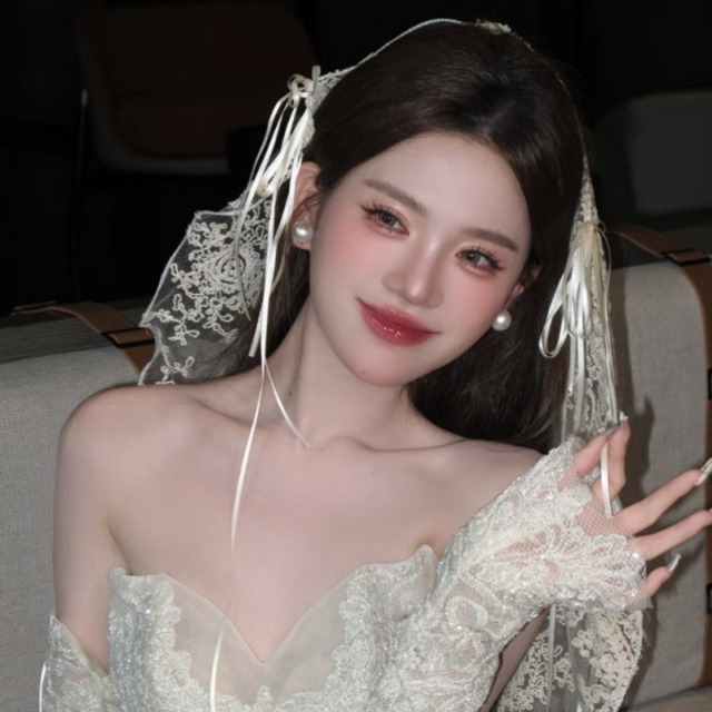 레이스베일 블루 플라워 머리띠 레이스 브라이덜샤워 후드베일 롱리본 셀프웨딩 - 상세 이미지 5