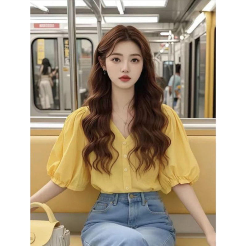 벌룬 블라우스 여성용 브이넥 쉬폰 셔츠 일자핏 여름 상의 옐로우 퍼프소매 프랑스풍 3XL - 상세 이미지 3