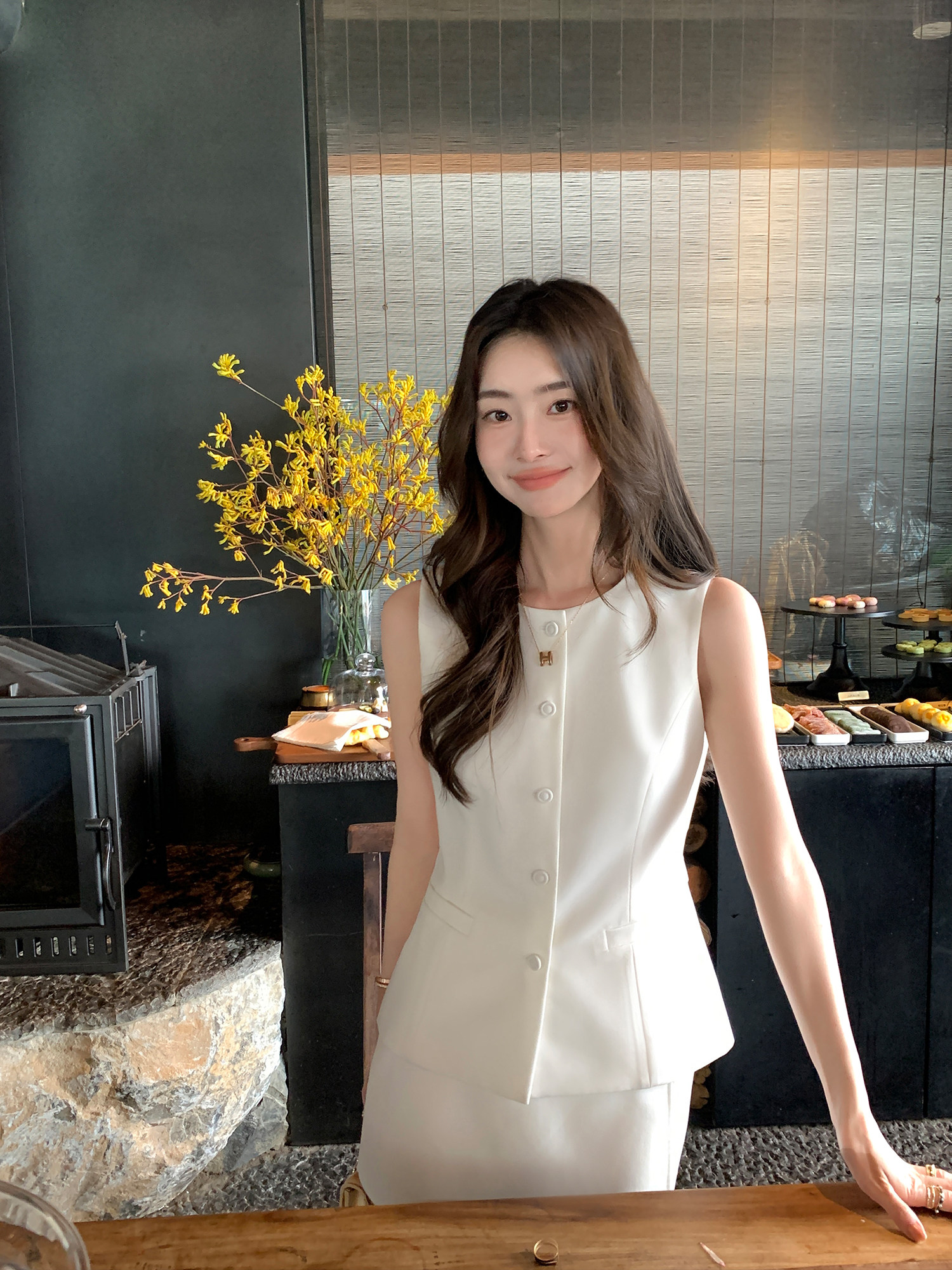 pusumede 여성투피스 여름 하객룩 A라인 팬츠 스커트 민소매 베스트 조끼 세트 - 상세 이미지 2