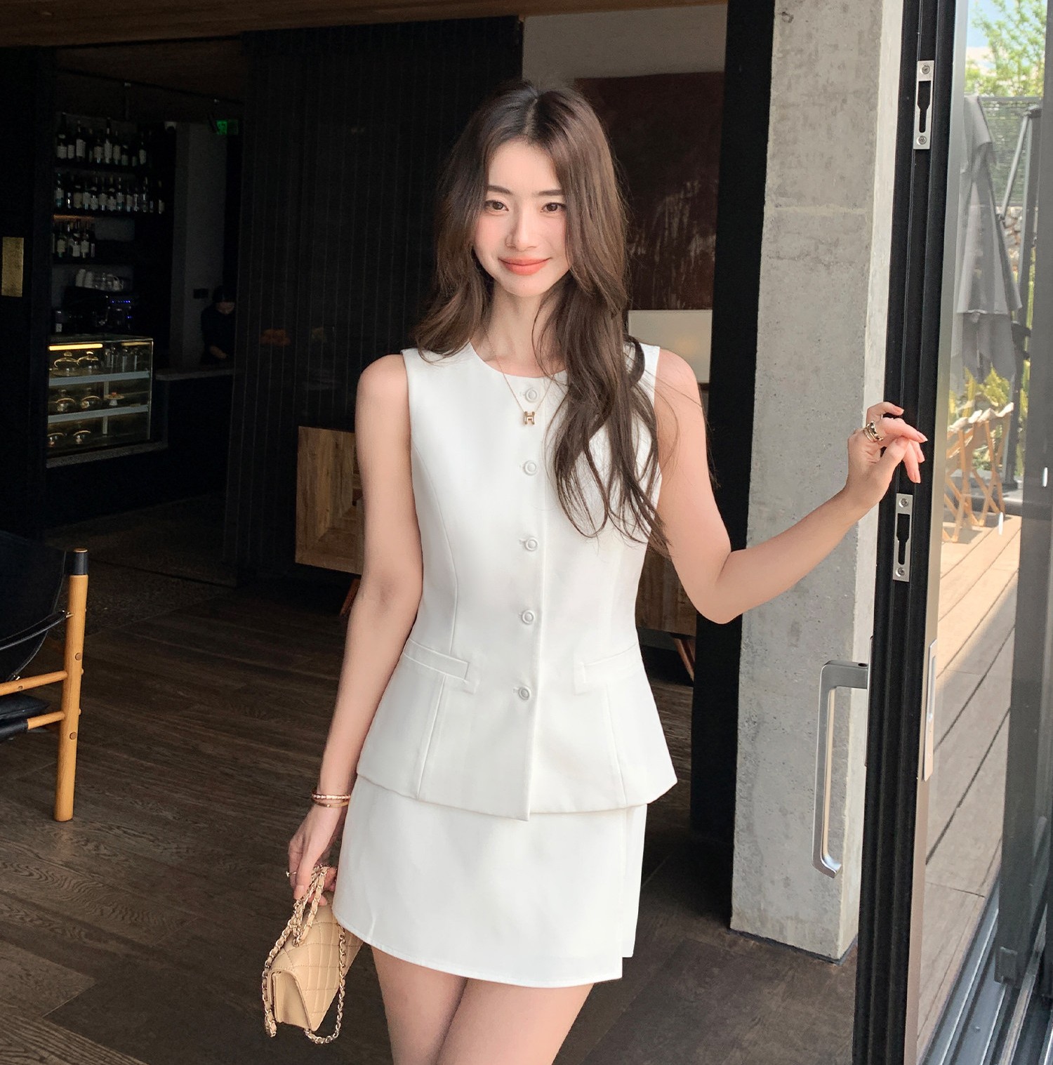 pusumede 여성투피스 여름 하객룩 A라인 팬츠 스커트 민소매 베스트 조끼 세트 - 상품 이미지