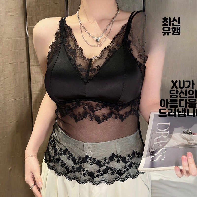 여성 레이스 캡나시 브라패드 내장 시스루 레이어드 백리스 캐미솔 샴페인 M(43-57kg) - 상세 이미지 2