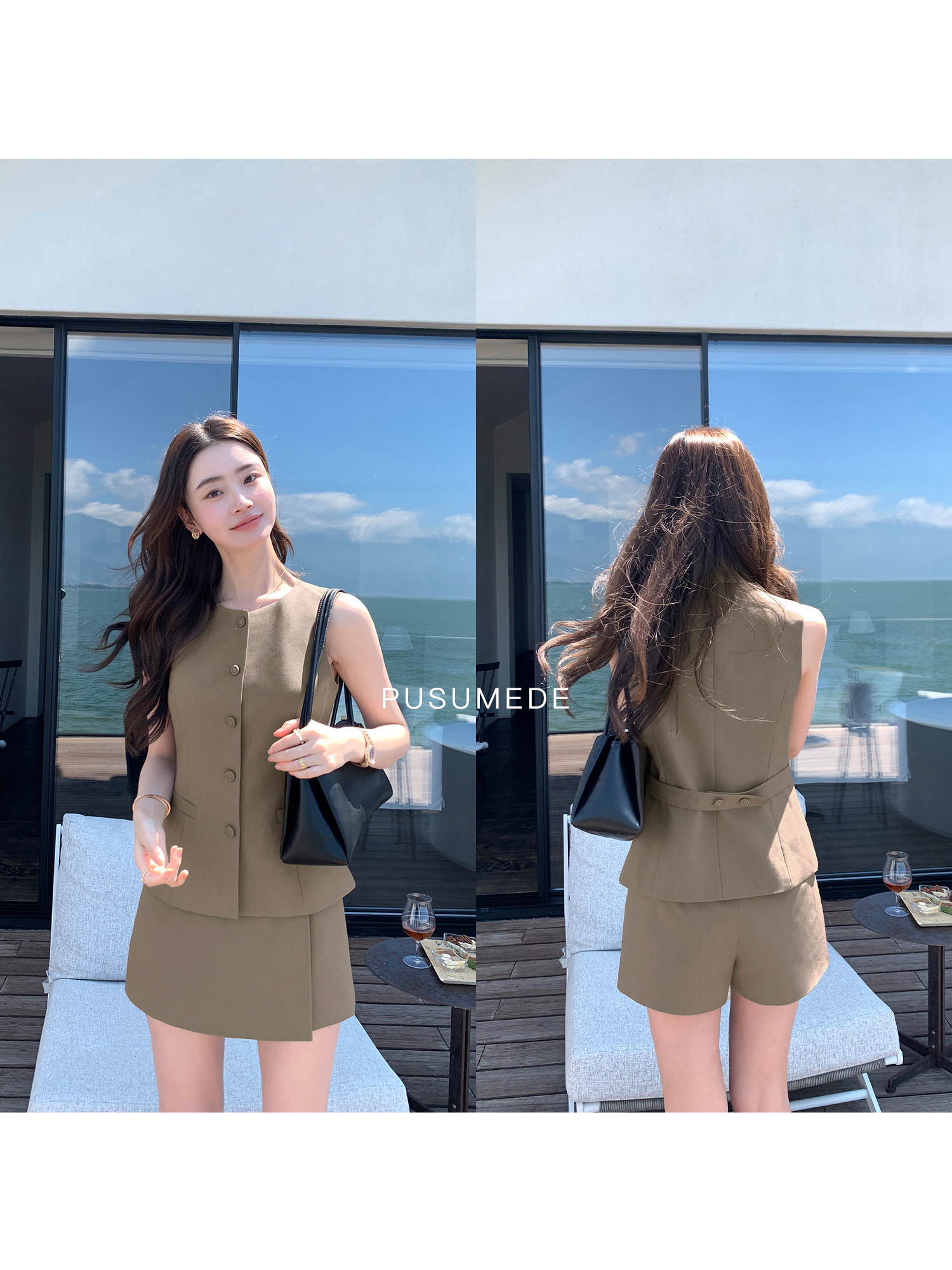pusumede 여성투피스 여름 하객룩 A라인 팬츠 스커트 민소매 베스트 조끼 세트 - 상세 이미지 3