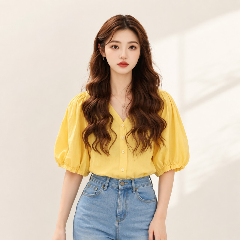 벌룬 블라우스 여성용 브이넥 쉬폰 셔츠 일자핏 여름 상의 옐로우 퍼프소매 프랑스풍 3XL - 상품 이미지
