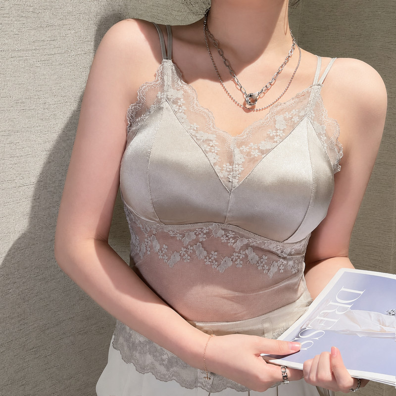 여성 레이스 캡나시 브라패드 내장 시스루 레이어드 백리스 캐미솔 샴페인 M(43-57kg) - 상품 이미지