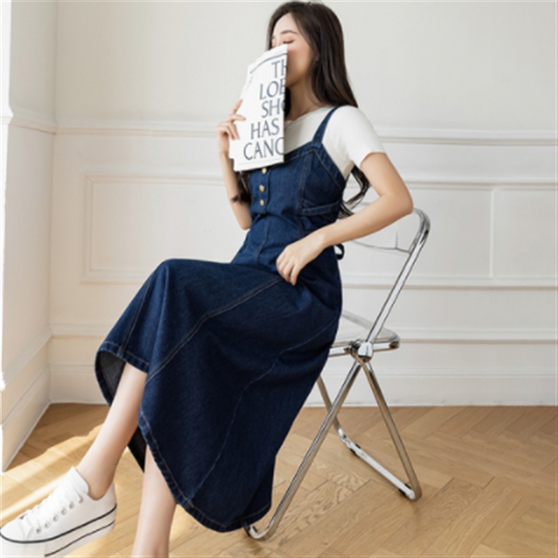 여성 여름 빅사이즈 데님 뷔스티에 롱 원피스 A라인 청 끈원피스 - 상세 이미지 3