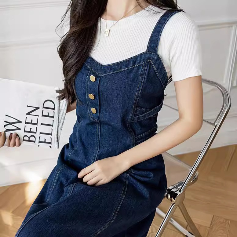 여성 여름 빅사이즈 데님 뷔스티에 롱 원피스 A라인 청 끈원피스 - 상세 이미지 5