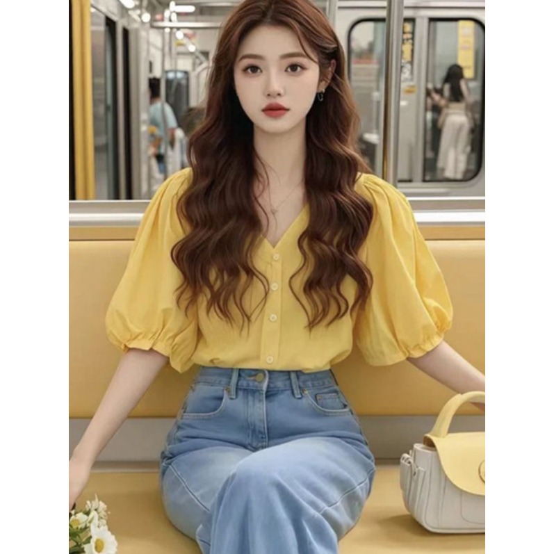 벌룬 블라우스 여성용 브이넥 쉬폰 셔츠 일자핏 여름 상의 옐로우 퍼프소매 프랑스풍 3XL - 상세 이미지 4