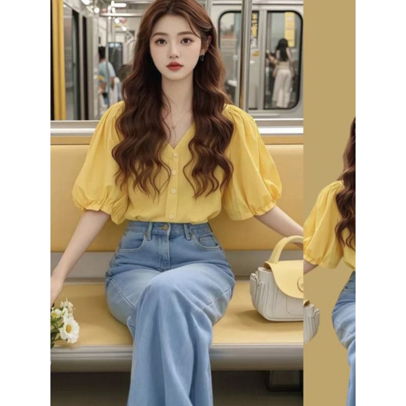 벌룬 블라우스 여성용 브이넥 쉬폰 셔츠 일자핏 여름 상의 옐로우 퍼프소매 프랑스풍 3XL - 상세 이미지 2