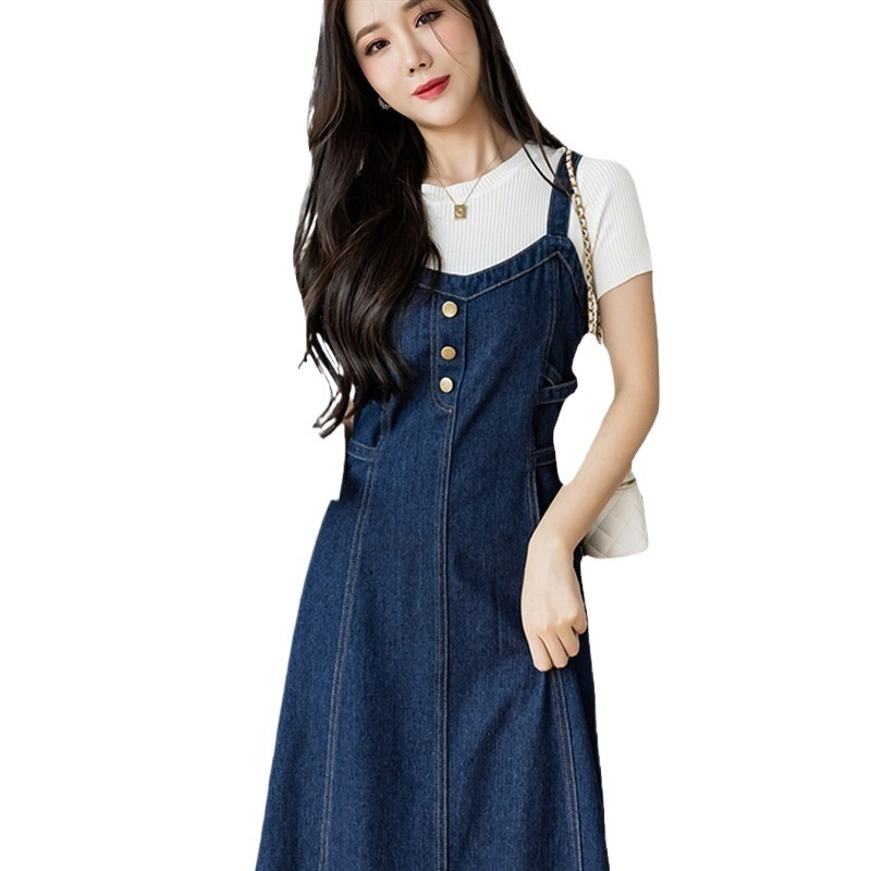 여성 여름 빅사이즈 데님 뷔스티에 롱 원피스 A라인 청 끈원피스 - 상세 이미지 2