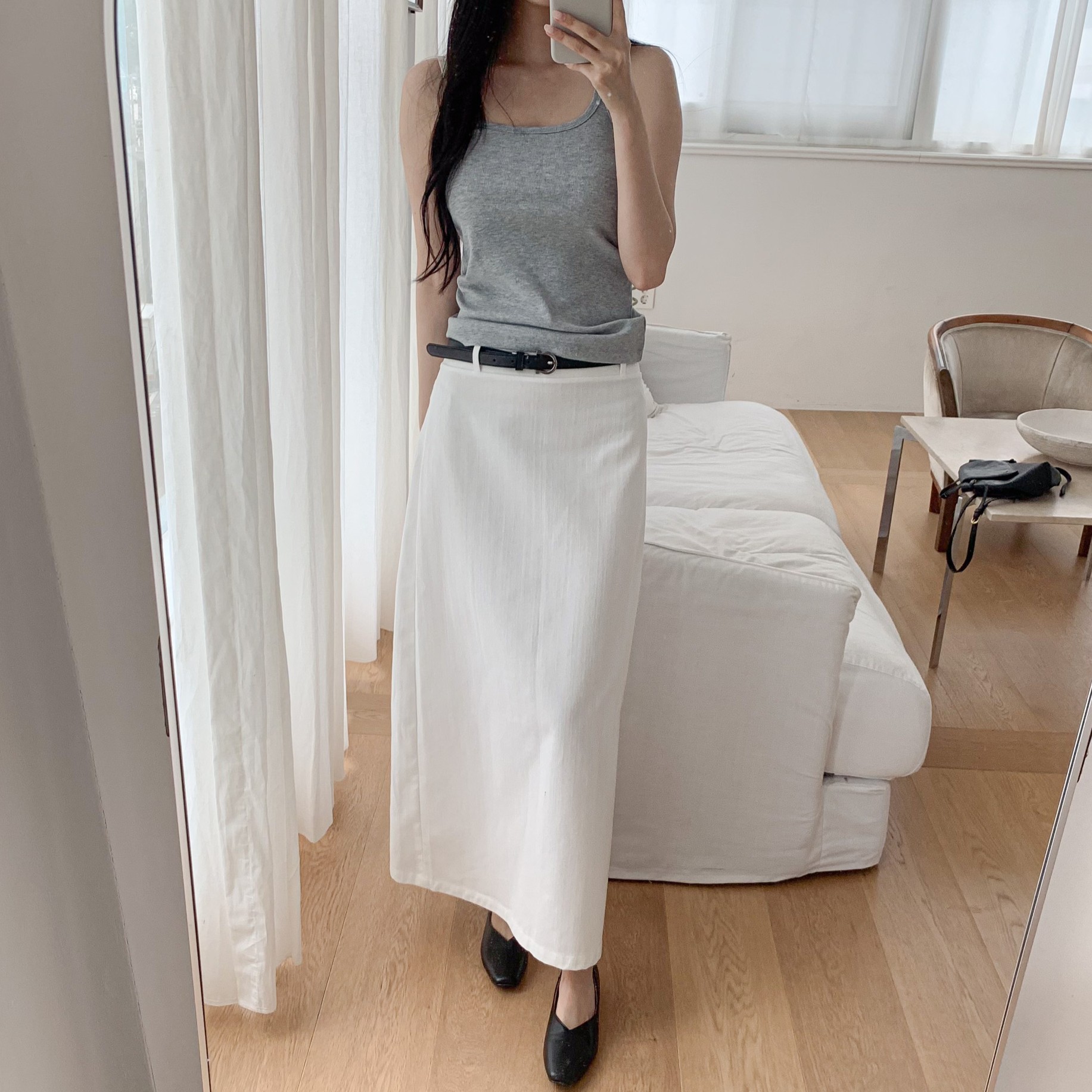 여성 린넨 데님 롱스커트 봄 여름 데일리룩 H라인 뒤트임 화이트롱스커트 청치마 - 상품 이미지
