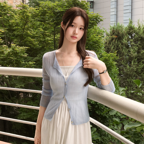 Made in Korea Linen Texture See-through Round Neck Slim Long Sleeve Cardigan cd3695