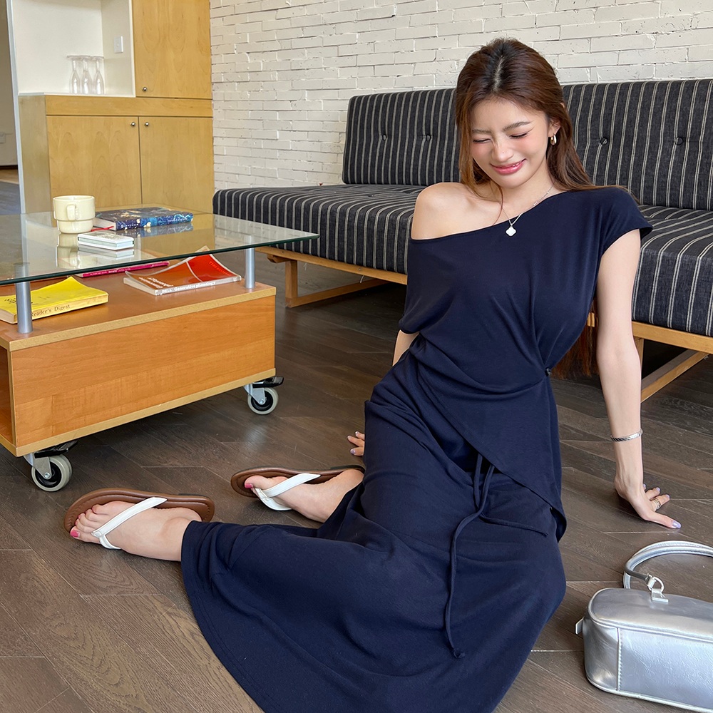 여름 모달 언발 오프숄더 반팔 티셔츠 랩 롱스커트 쓰리피스 세트 - 상세 이미지 4