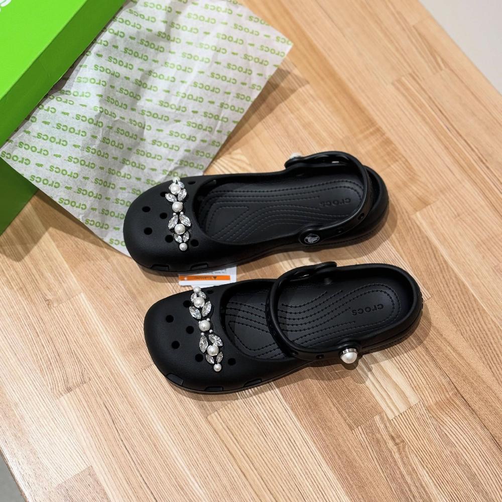 크록스 클래식 펄 발레 여성 스니커즈 블랙 지비츠 진주 여름 샌들 블랙 프라페 - 상세 이미지 3