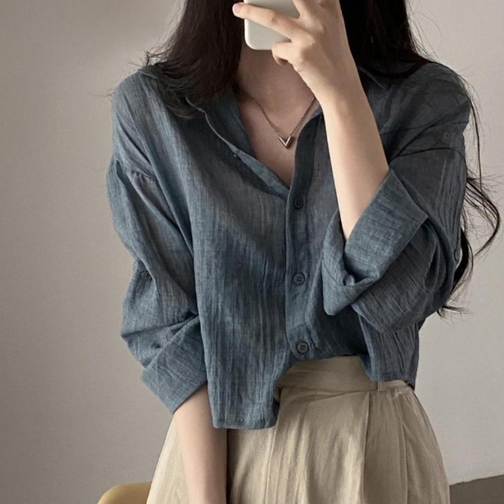 여성 블라우스 링클프리 구김없는 크롭 셔츠 여름 시스루 긴팔 박대표마켓 - 상세 이미지 4