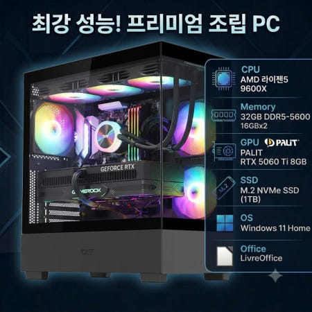 AMD 9600X RTX5060Ti 32GB 1TB 윈도우/오피스 조립PC 게이밍컴퓨터 붉은사막 롤 배그 (WIN-034)